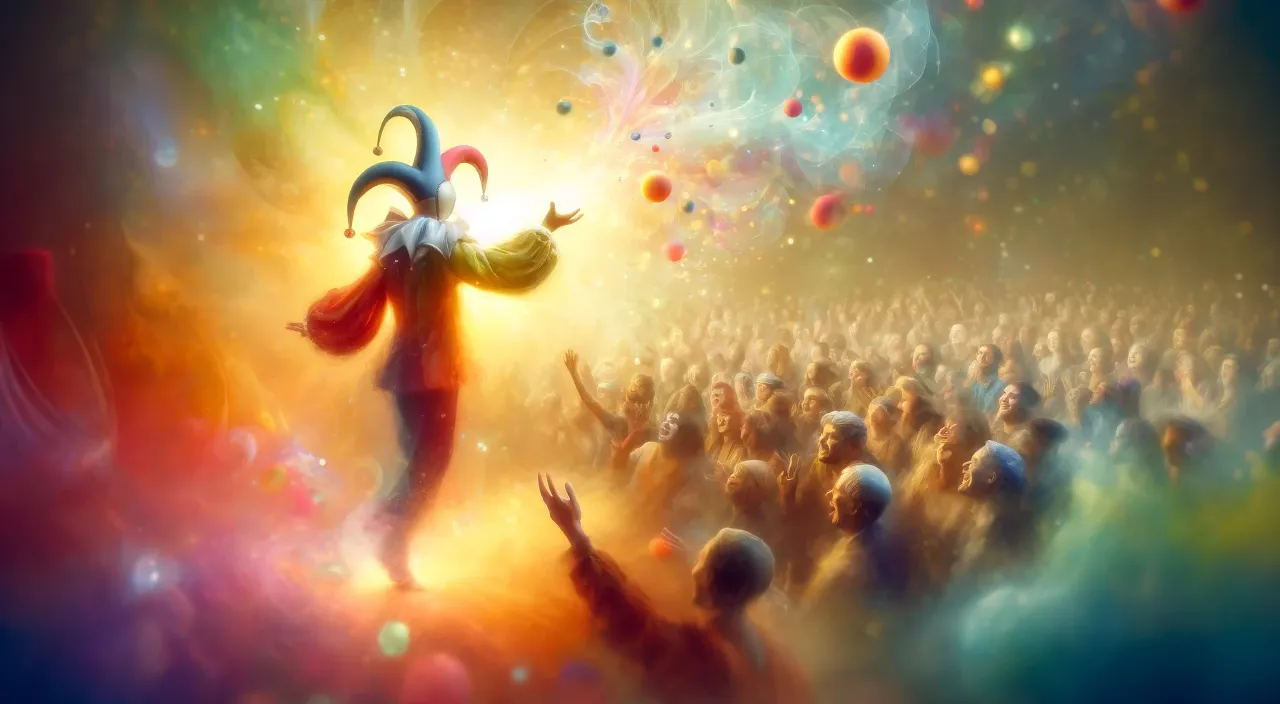 a painting of a clown juggling in front of a crowd of people