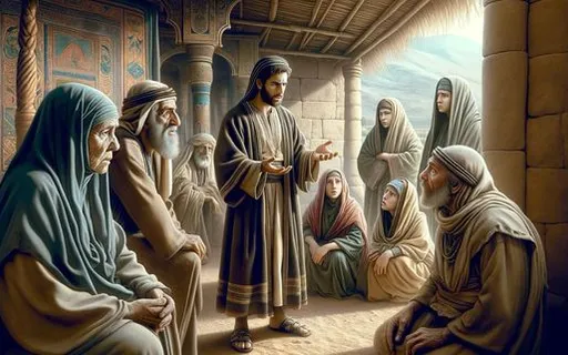 a painting of jesus talking to a group of people