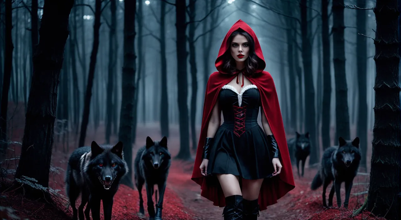 a woman in a red cape walking through a forest