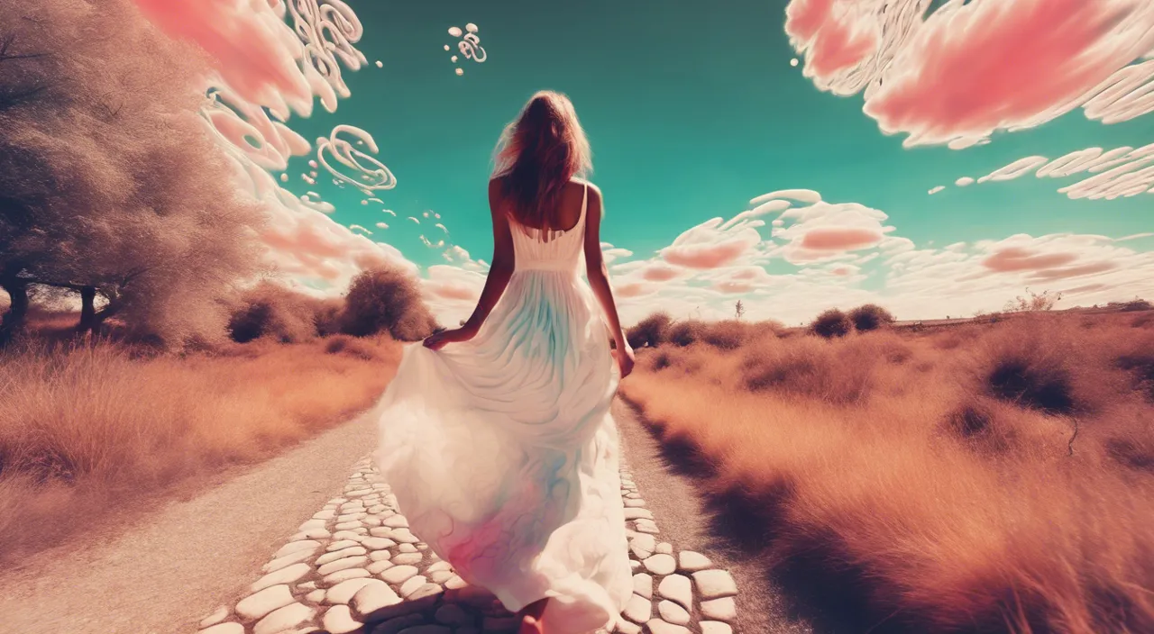 a woman in a white dress walking down a road