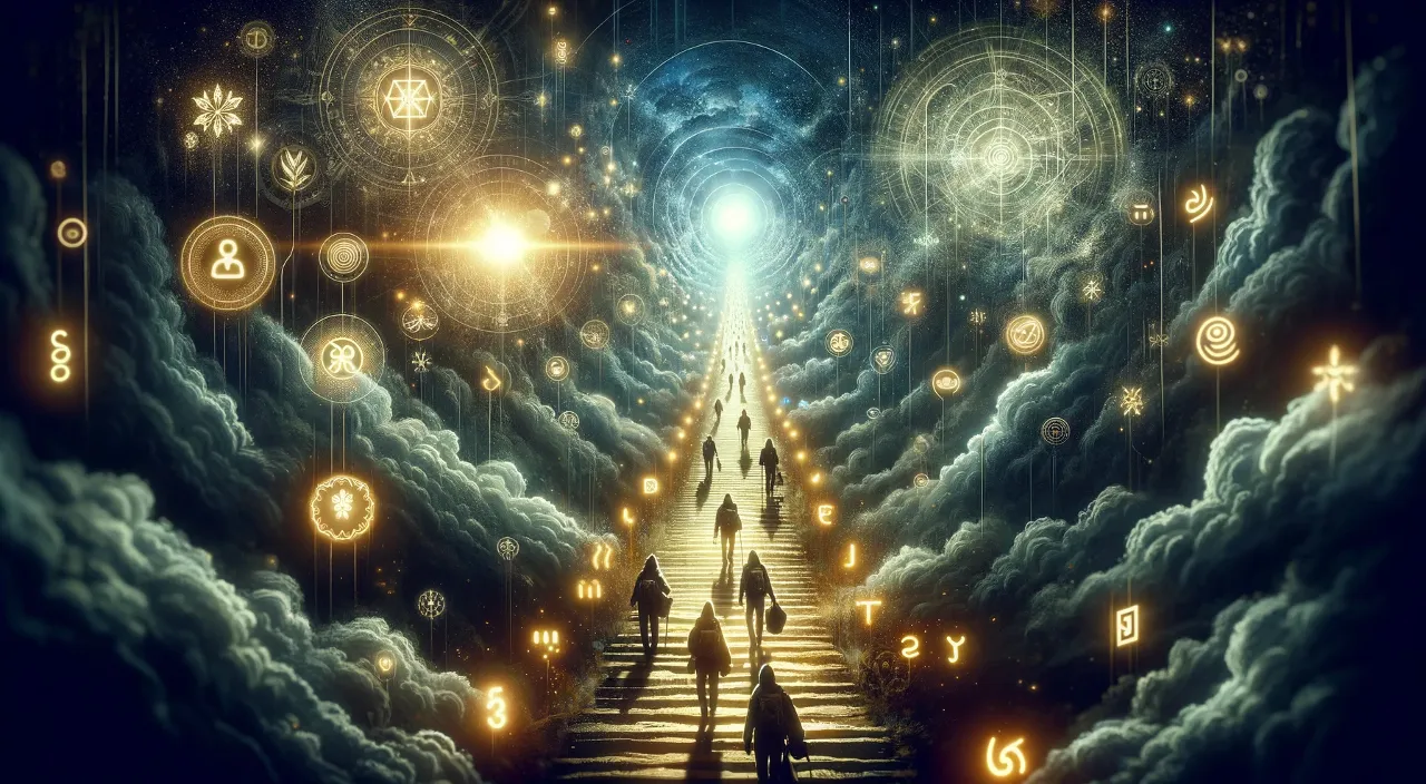 a group of people walking through a tunnel of clouds