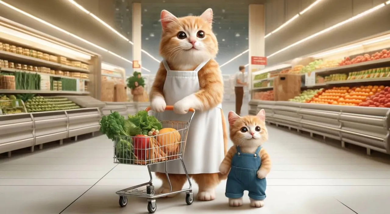 a cat standing next to another cat in a grocery store