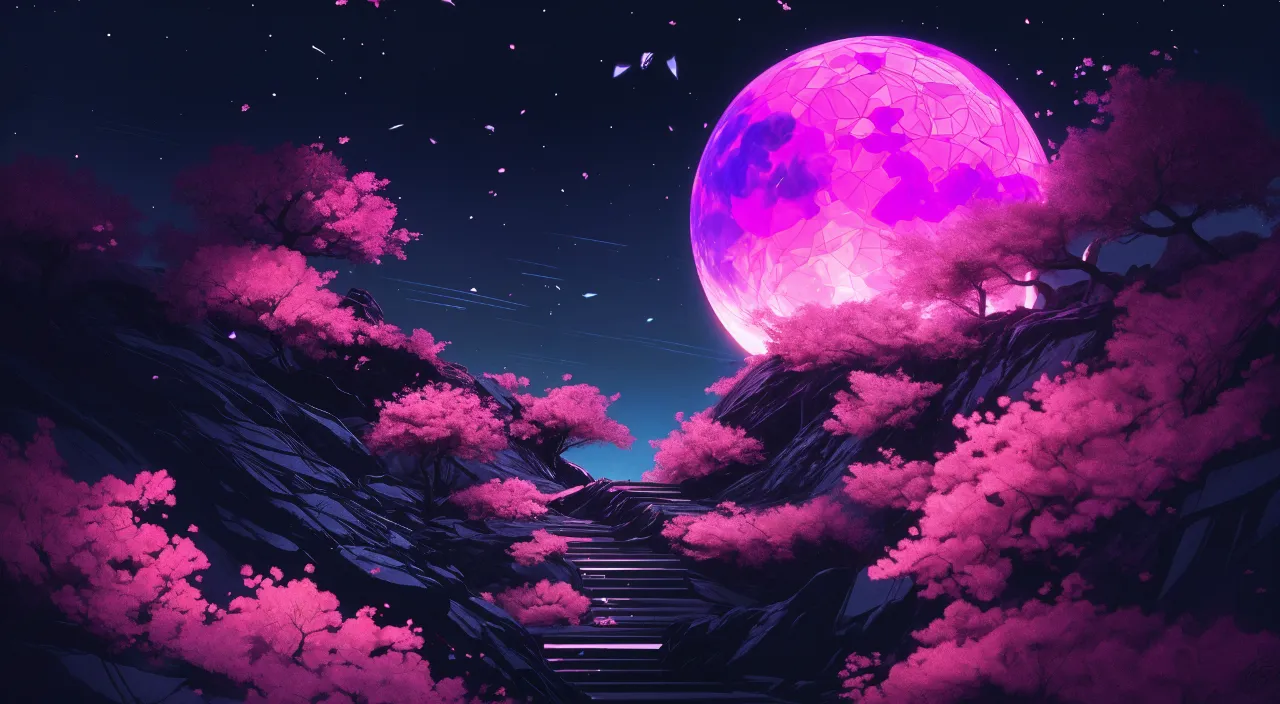 a stairway leading to a pink moon in the sky with cherry blossoms all around