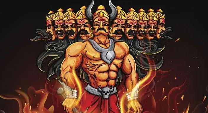 a drawing of a man standing in front of a fire lot of head ravana hindu mythology