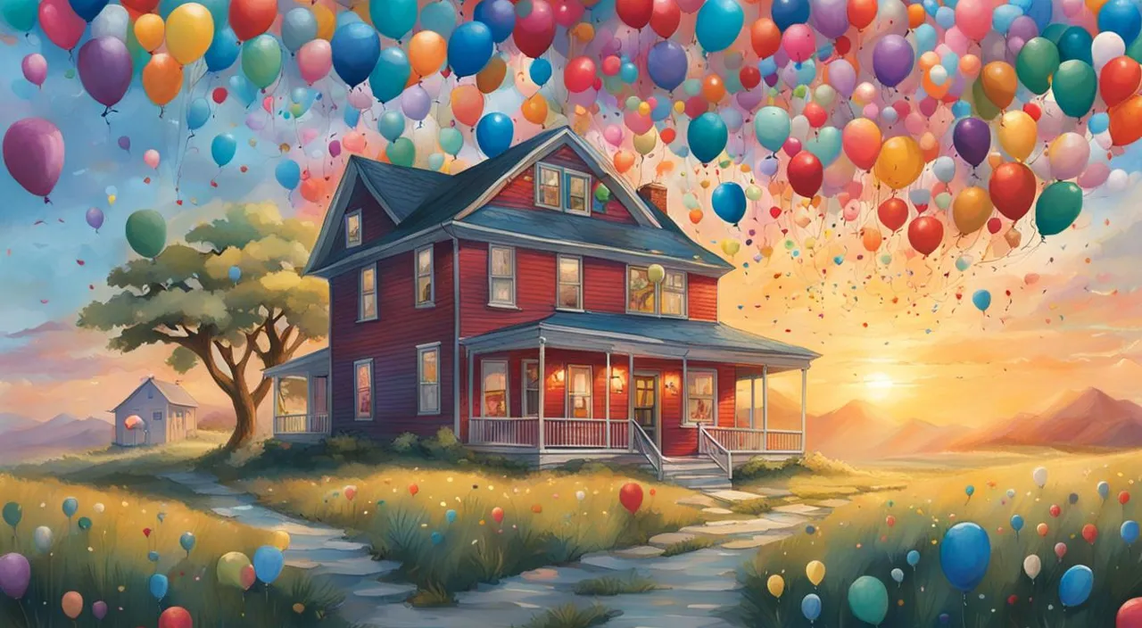 a painting of a house surrounded by balloons