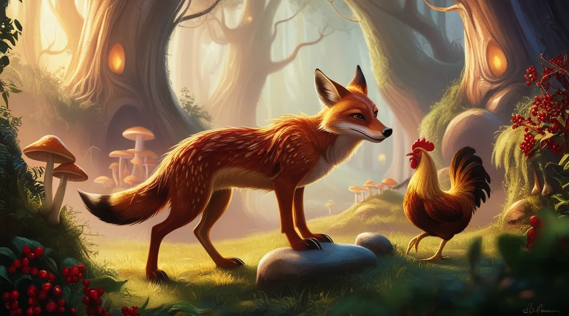 a painting of a one jackal and  one chickens in a forest 3d anim