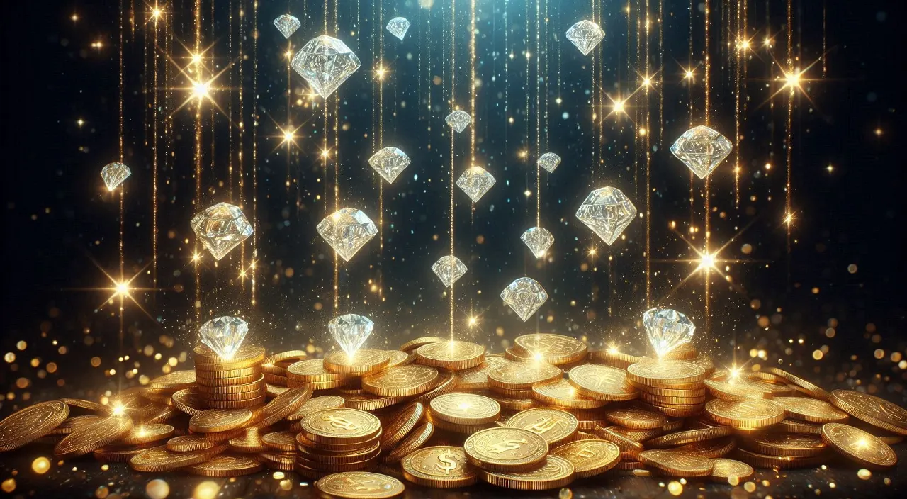 a pile of gold coins with diamonds falling from them