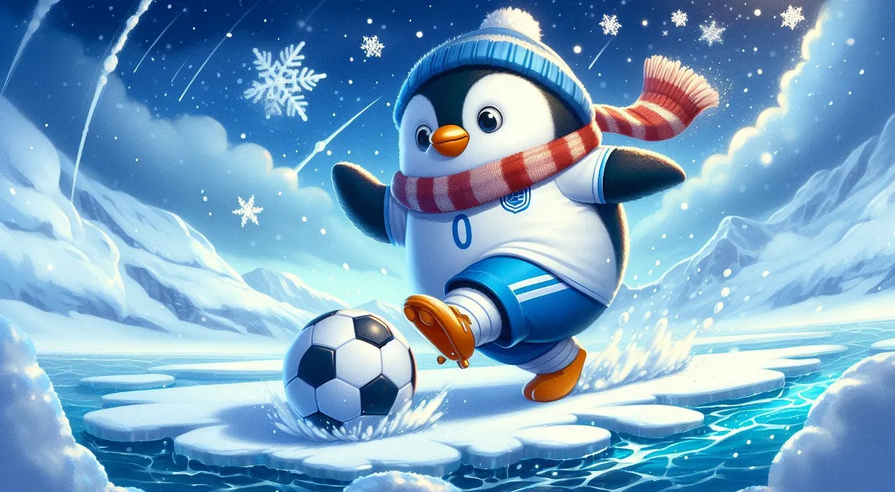 a penguin is holding a soccer ball in the snow