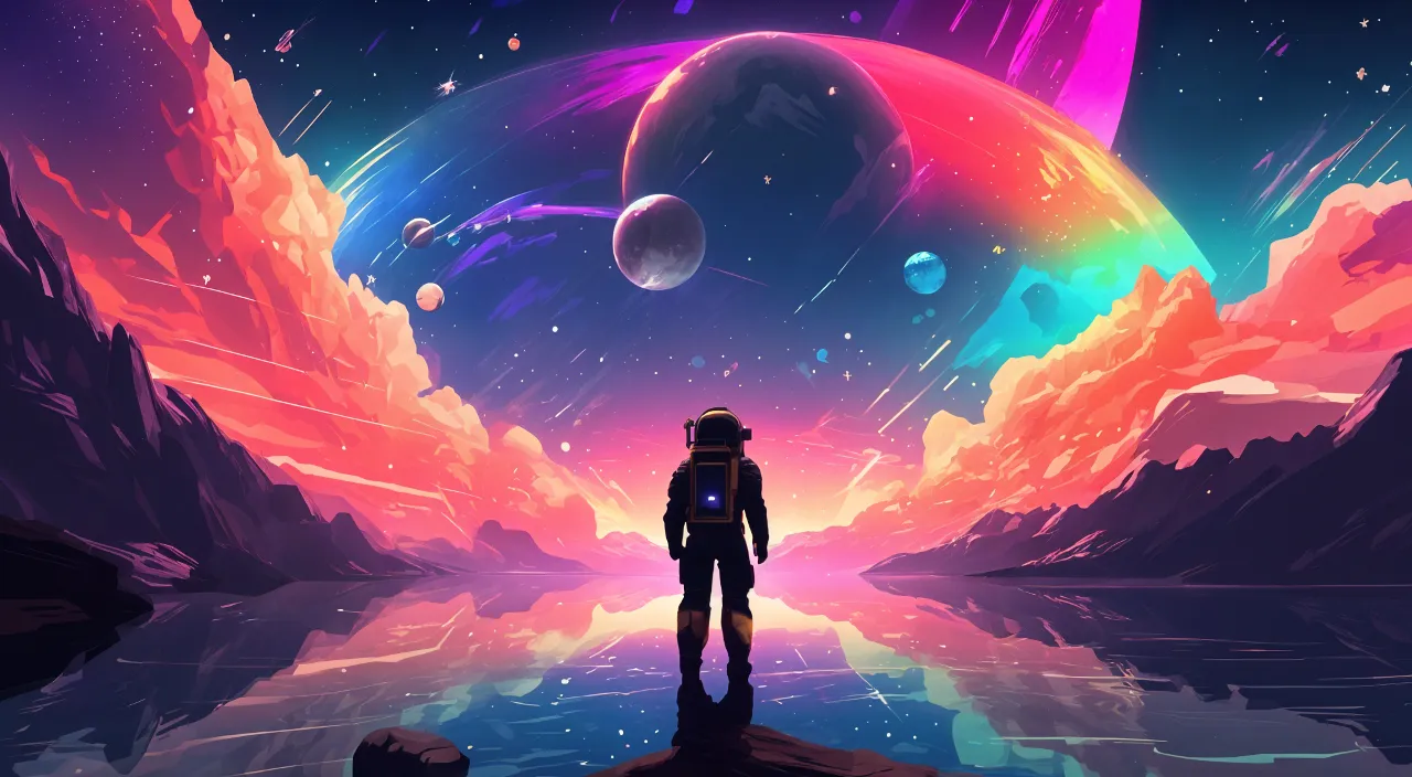 a person standing in front of a colorful sky with planets and stars with mountains on the sides