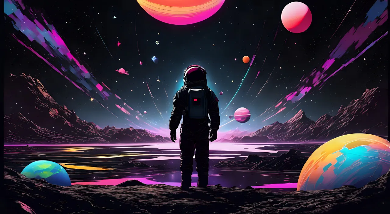 a man in a space suit standing in front of planets