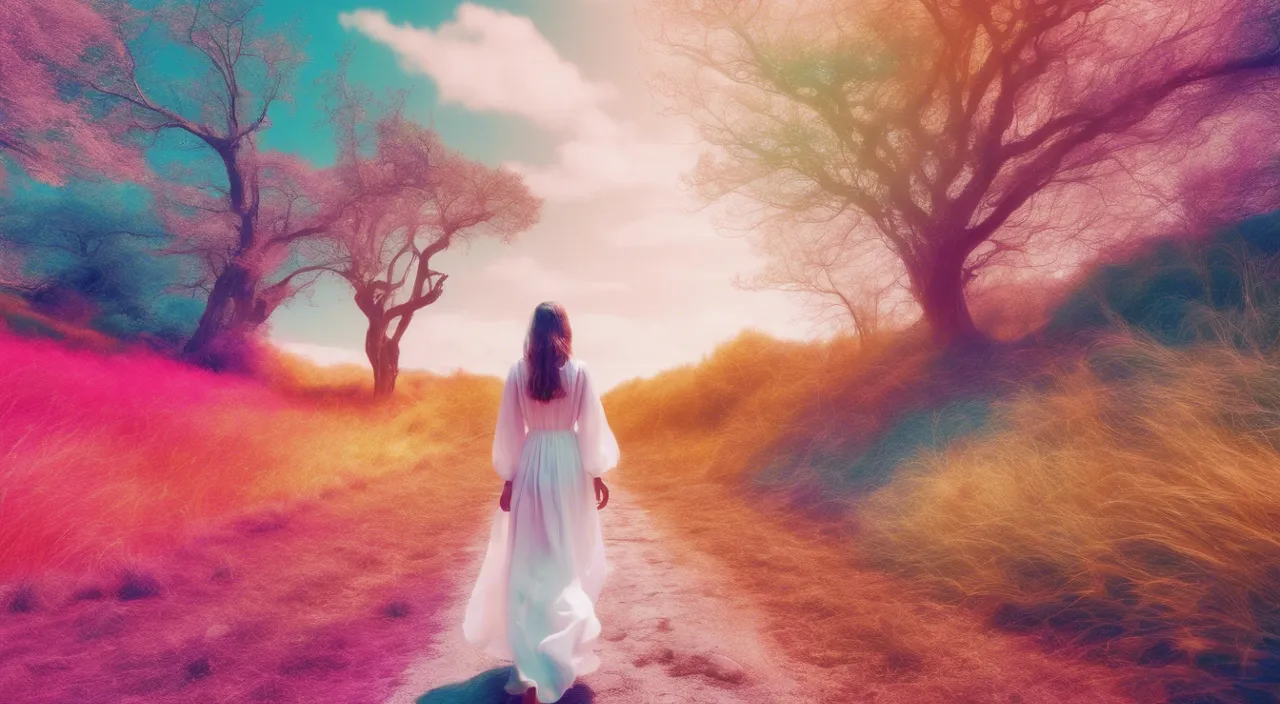 a woman in a white dress walking down a dirt road