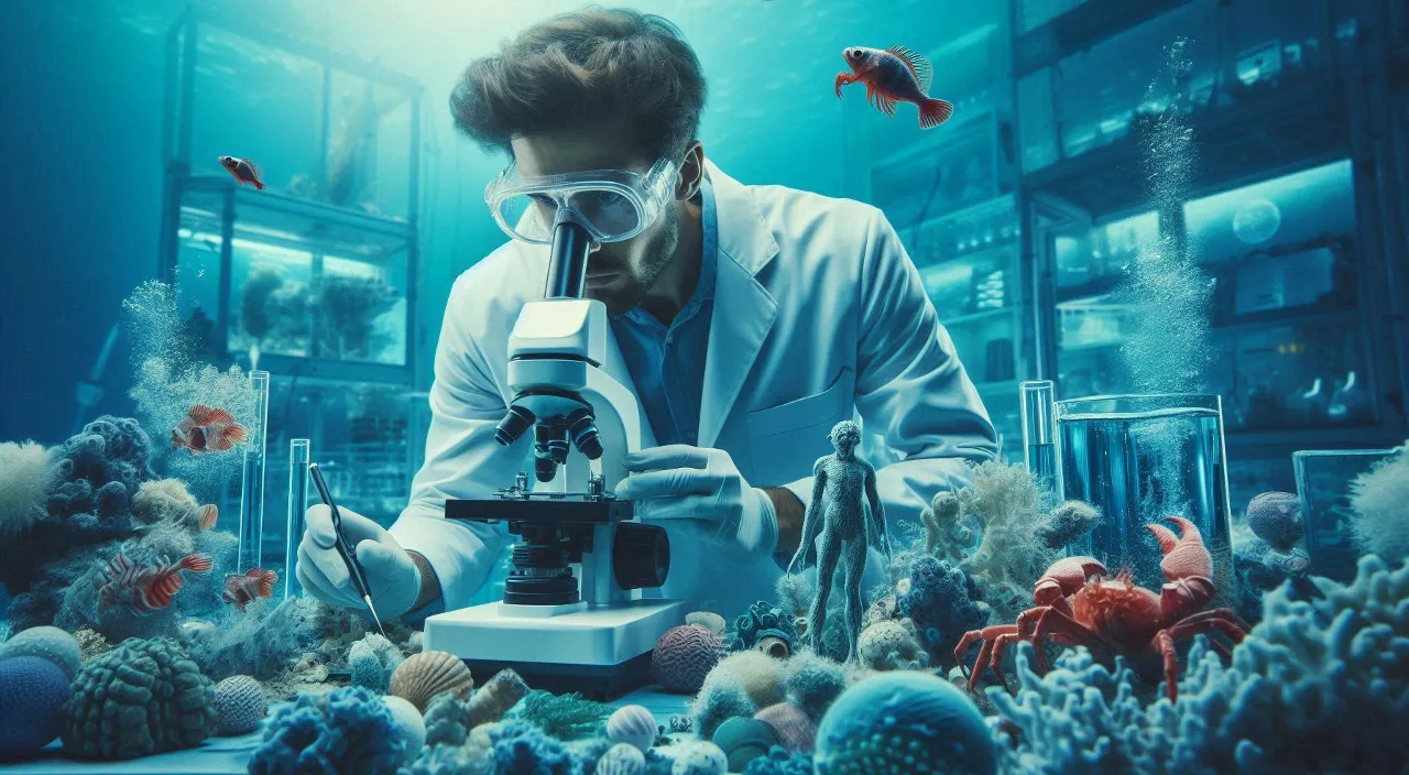 a man in a lab coat looking through a microscope