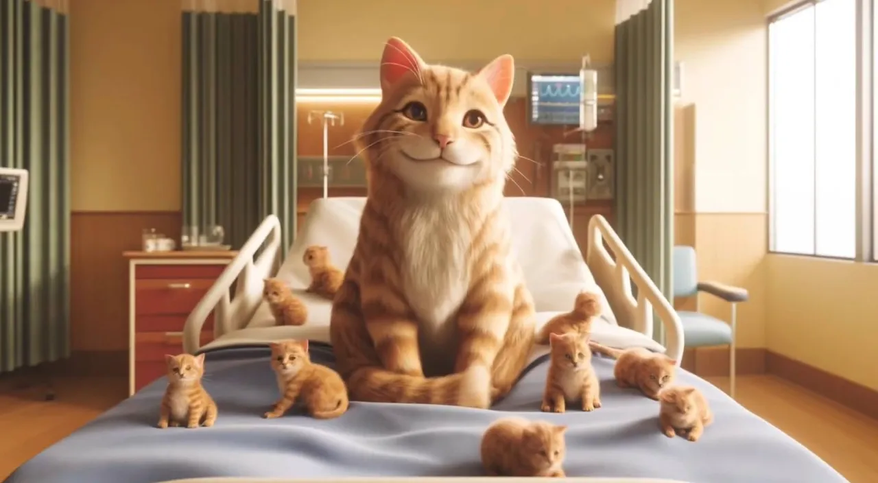 a cat sitting on top of a bed surrounded by kittens