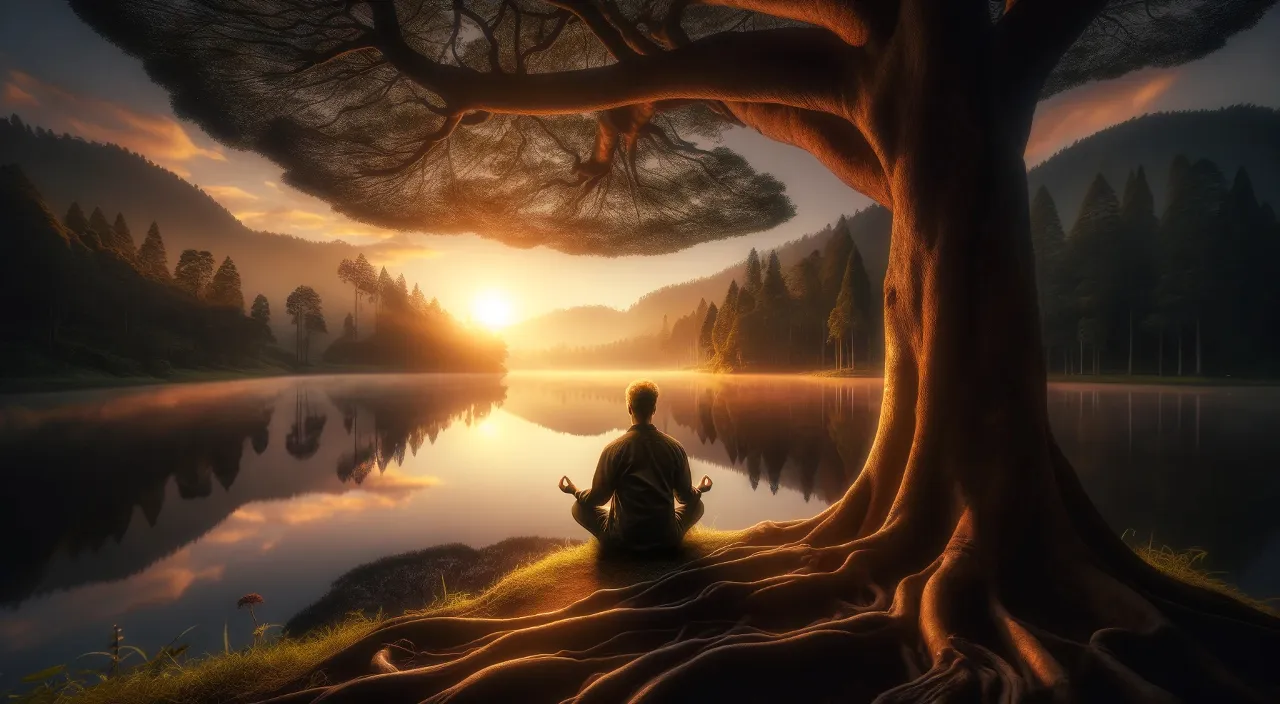 a painting of a man meditating under a tree