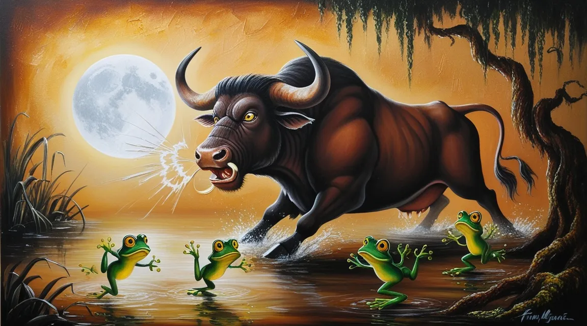 a painting of a bull attacking a group of frogs