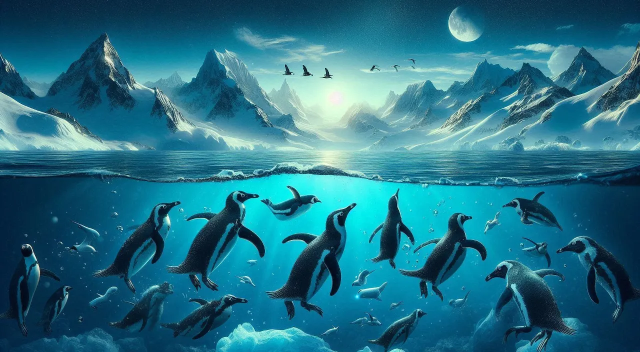 a group of penguins swimming very fast in the ocean