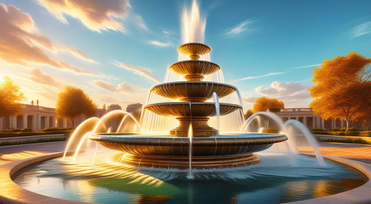 a water fountain in the middle of a park, no camera motion