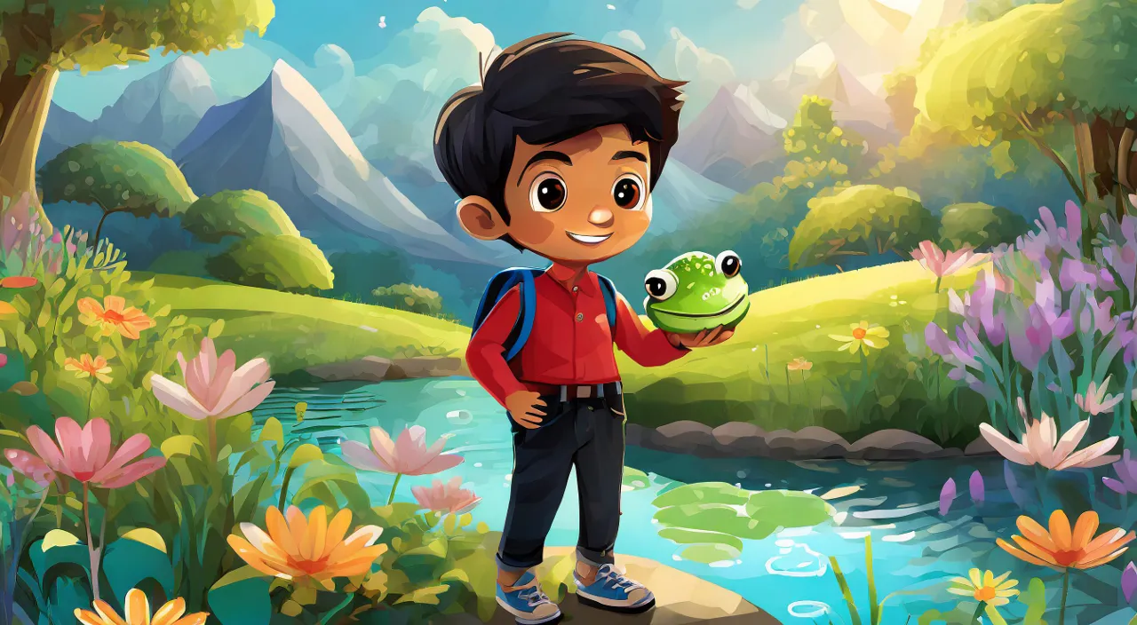 a boy holding a frog in front of a river