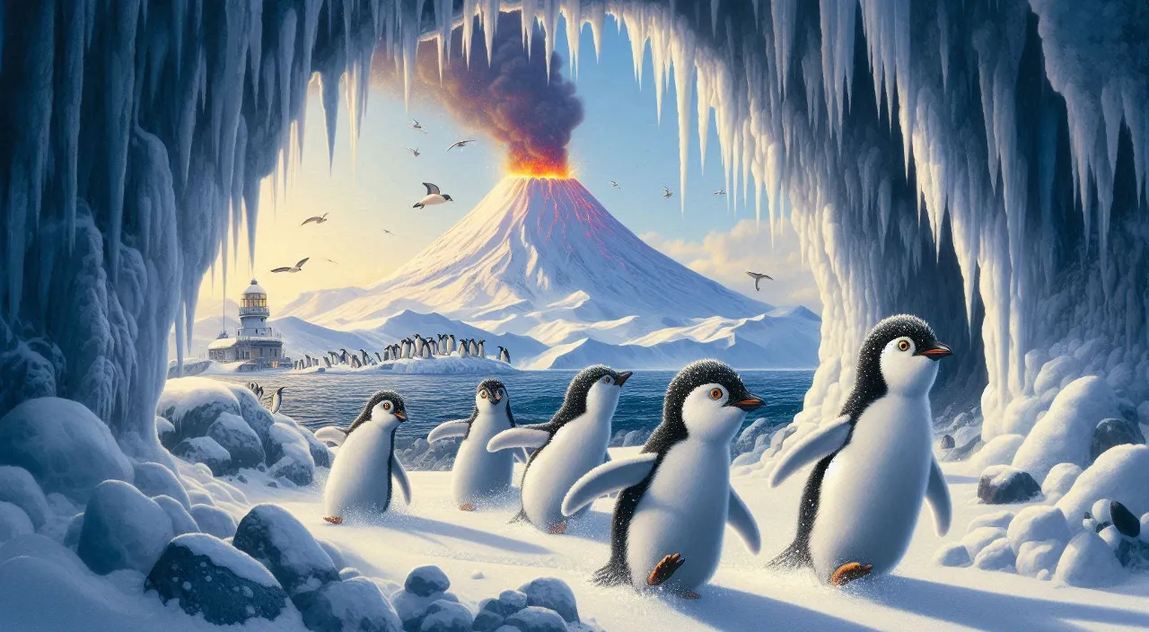 a group of penguins walking through an ice cave a volcano is behind of them