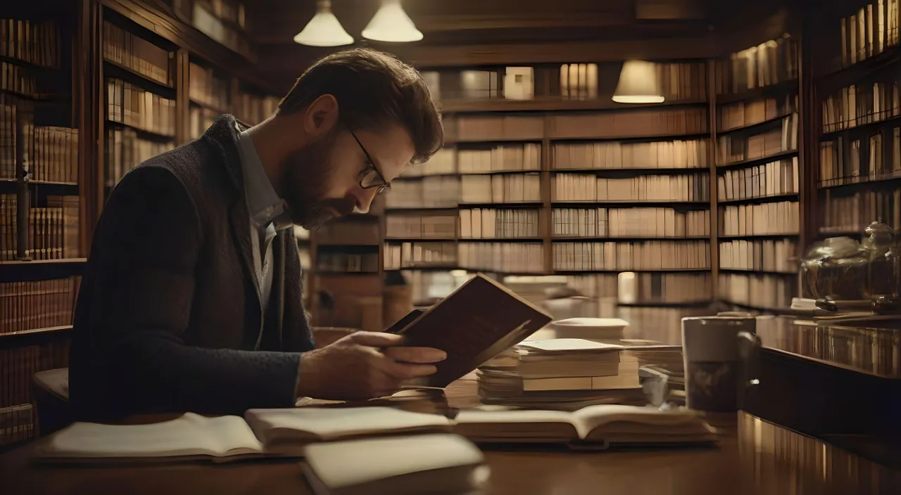 a man reading a book in a library