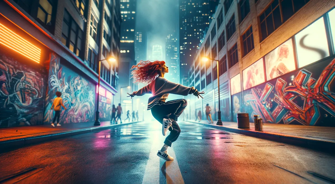 a woman dancing in a city street at night