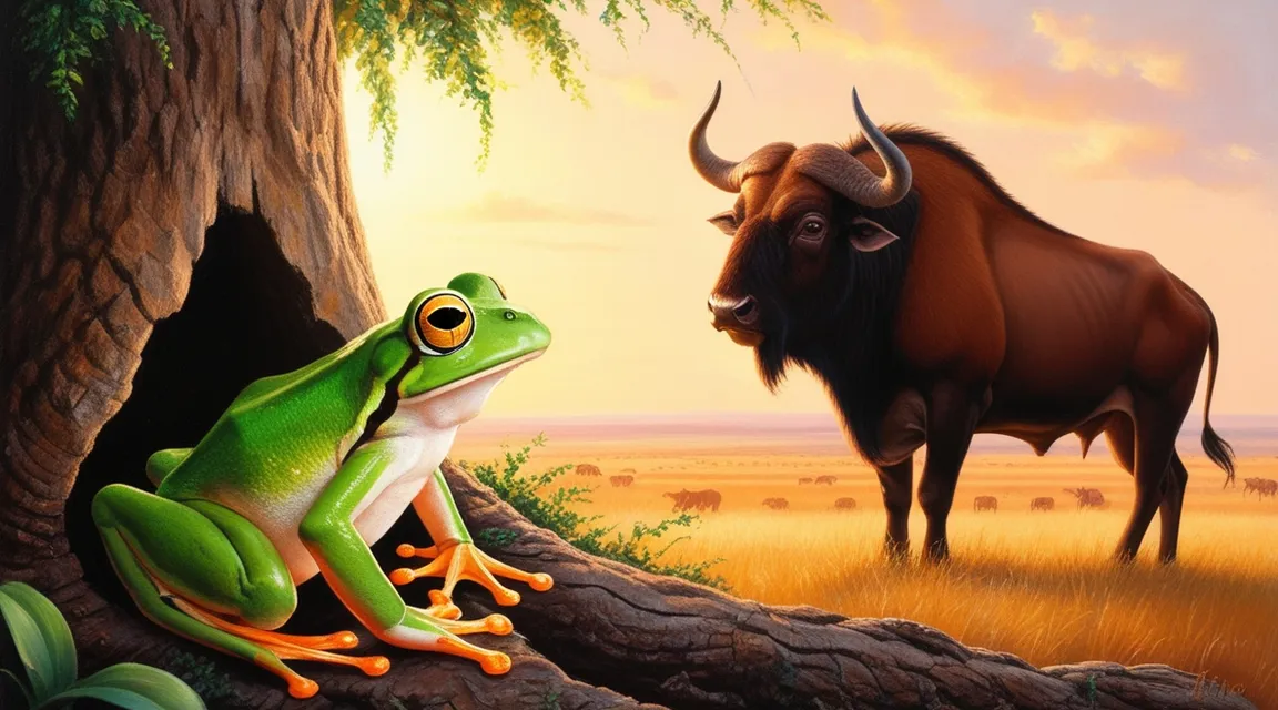 a painting of a bull and a frog in a field