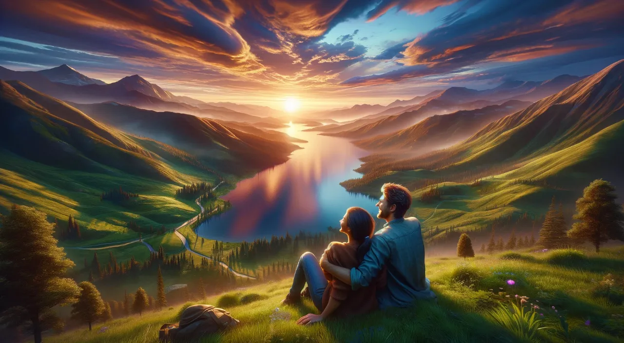 a painting of a couple sitting on a hill looking at the sunset