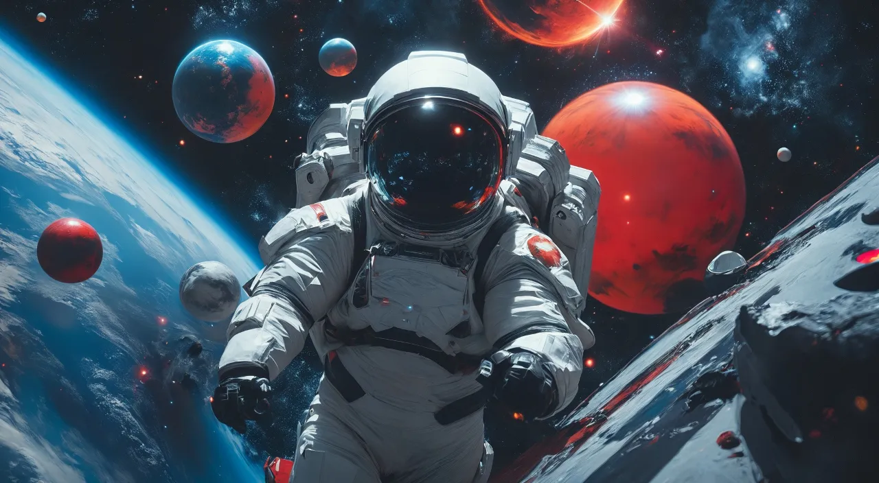 a man in a space suit standing in front of planets