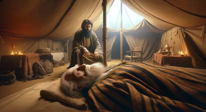 a painting of a man in a tent with a cat