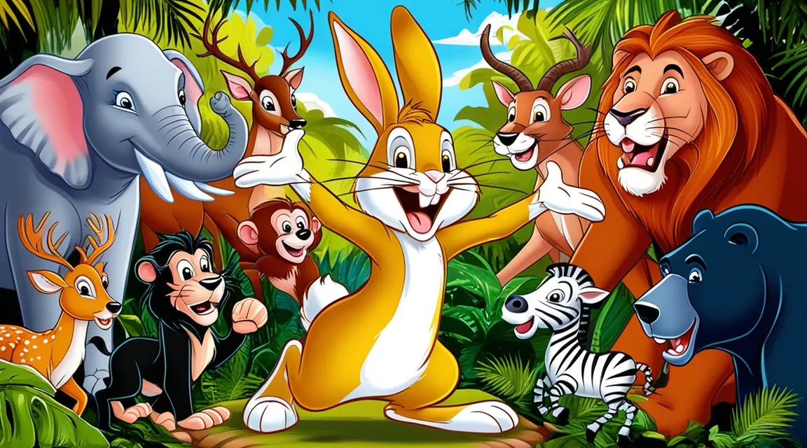 a group of cartoon animals in the jungle