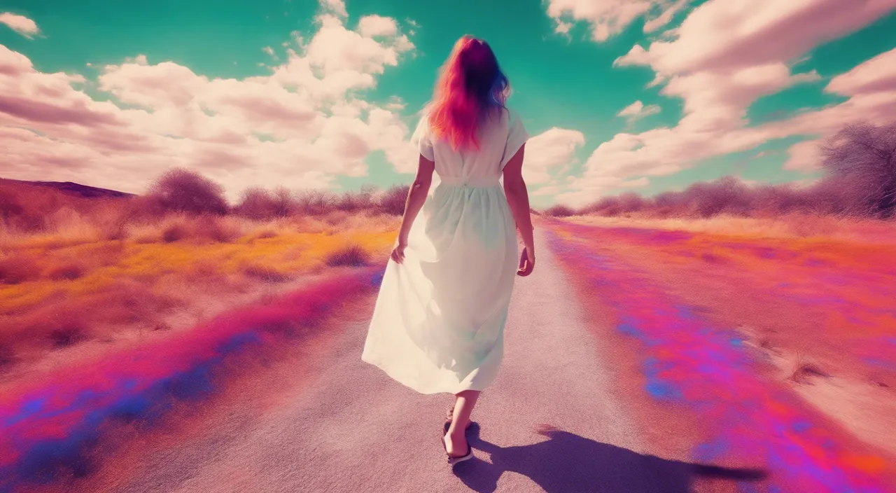 a woman in a white dress walking down a road