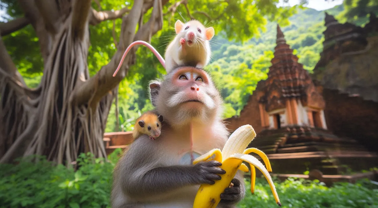 a mouse is sitting on a monkey head