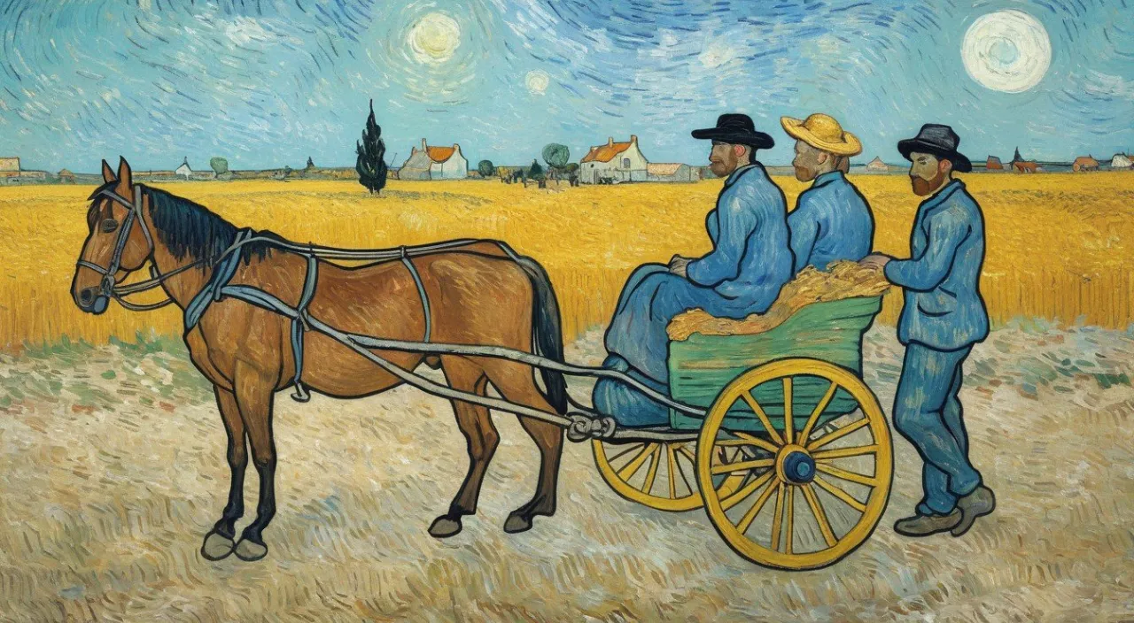 a painting of two men sitting on a wagon being pulled by a horse