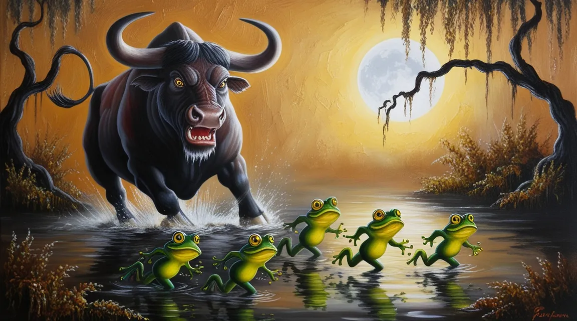 a painting of a bull and five frogs in a pond