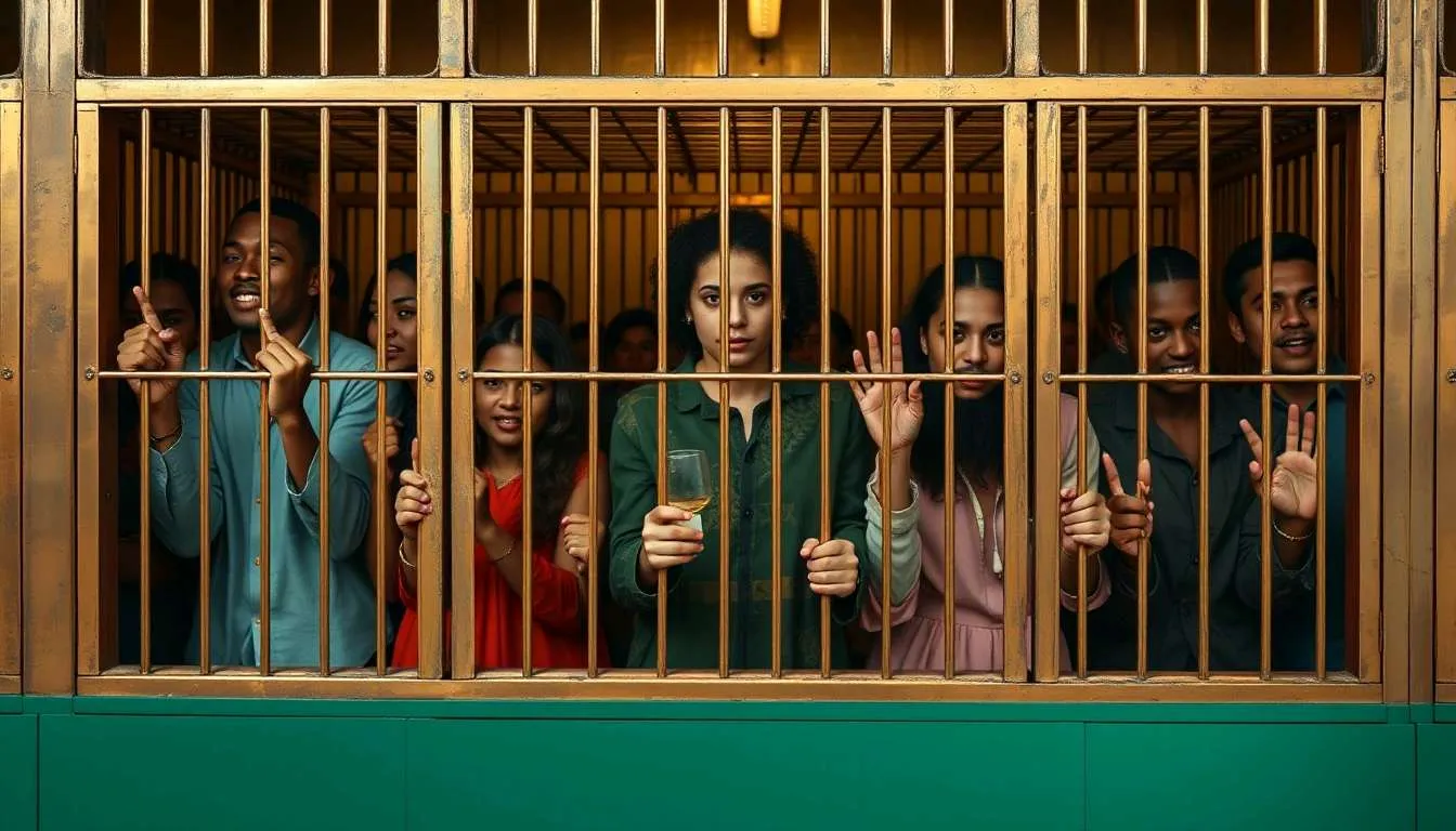 a diverse group of people chat with each other from behind bars , advertising style