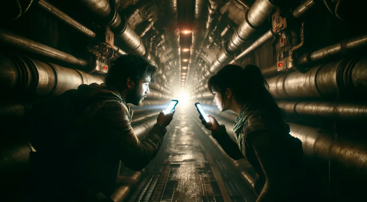 a man and a woman standing in a tunnel looking at their phones