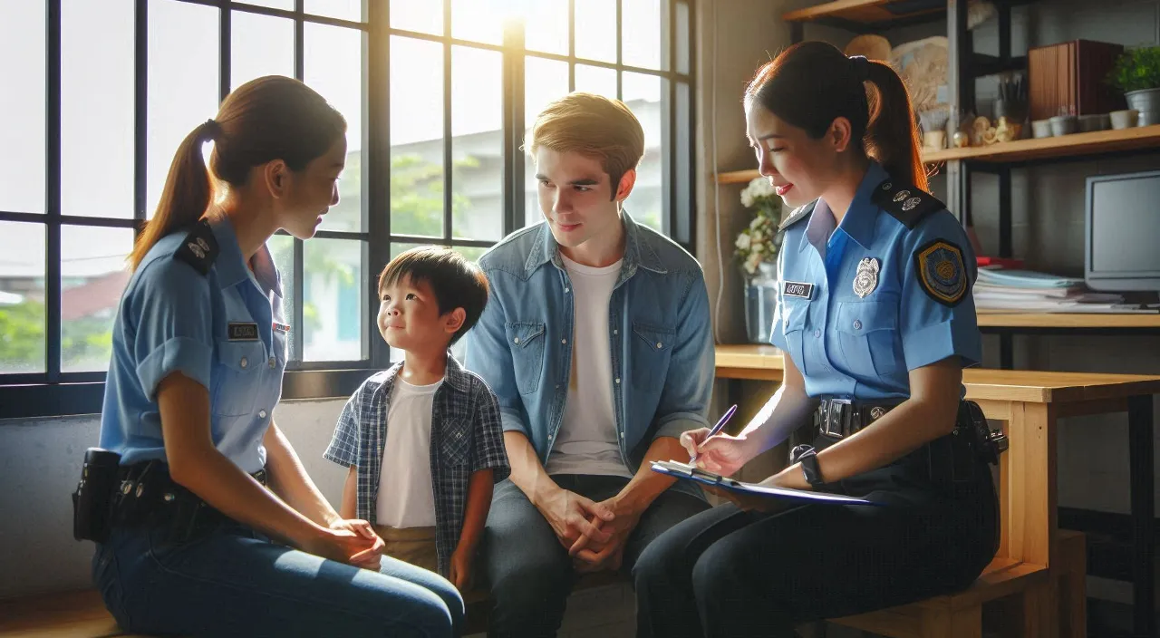 a lady police officer is talking to the parents of a little boy