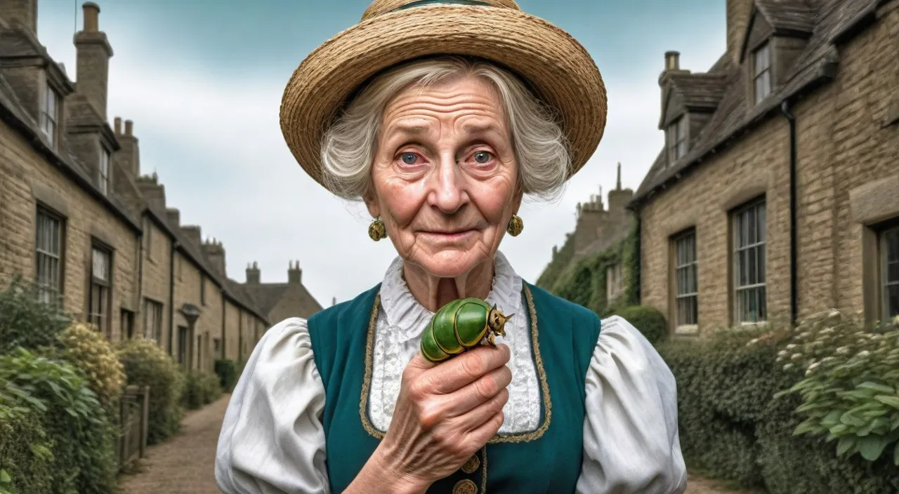 an old woman holding a green caterpillar in her hands