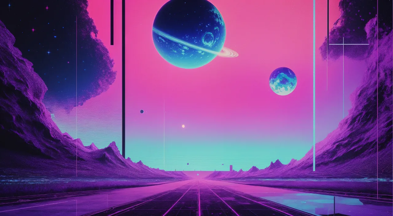 a futuristic landscape with planets and mountains in the background