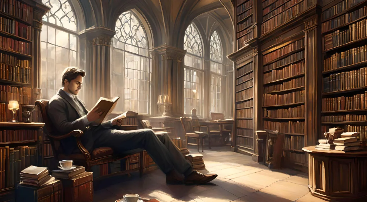 a man sitting in a library reading a book