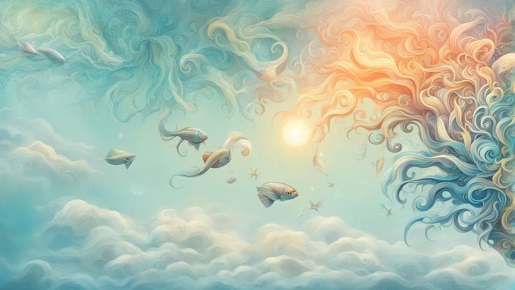 cloud, sky, atmosphere, vertebrate, azure, organism, lighting, art, painting, aqua