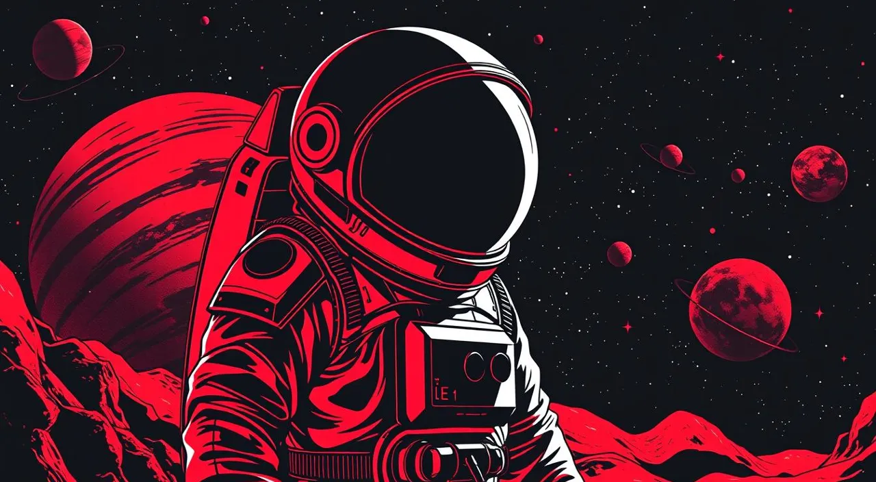 a man in a space suit surrounded by red planets