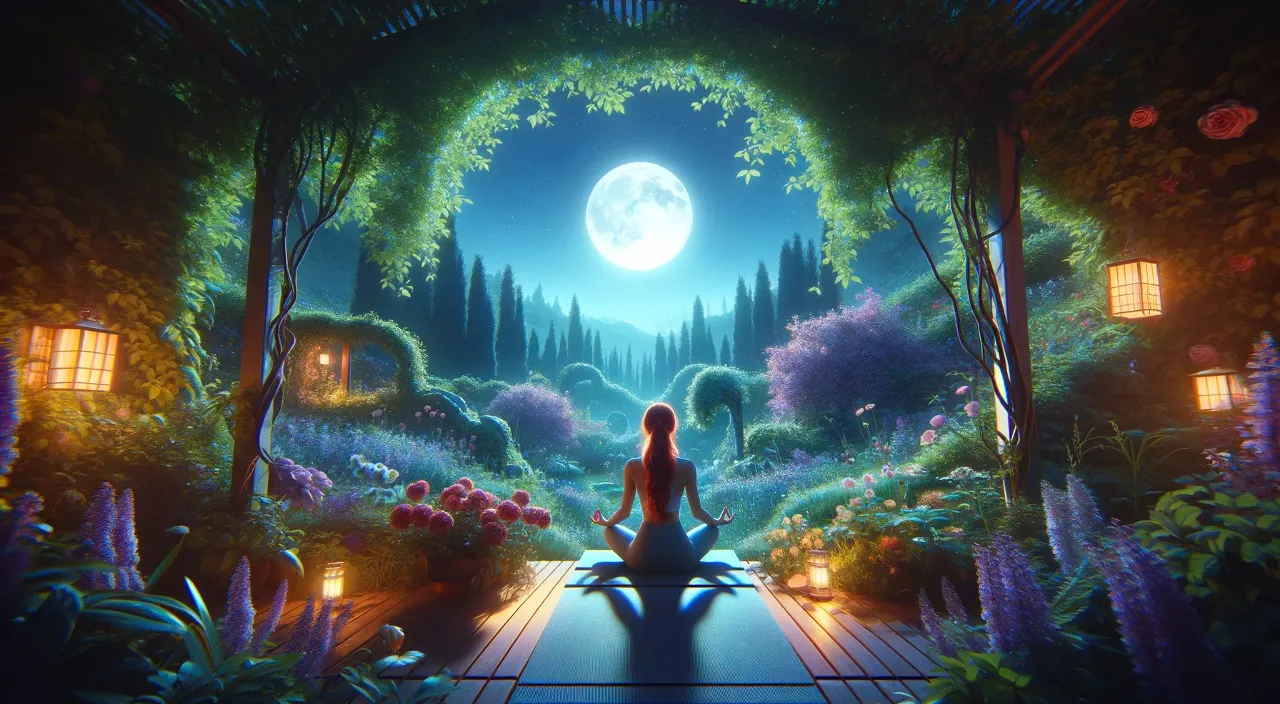 a painting of a woman sitting in a garden at night