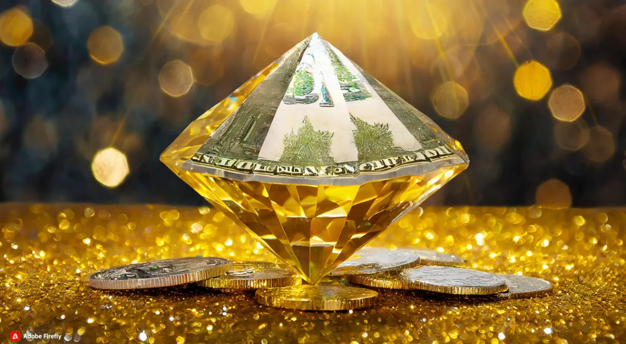 a golden diamond surrounded by two stacks of money