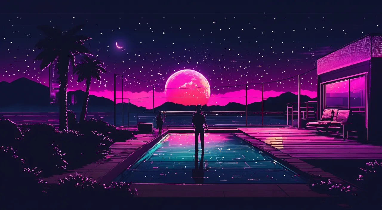 one person standing in front of a pool at night with stars and the moon out