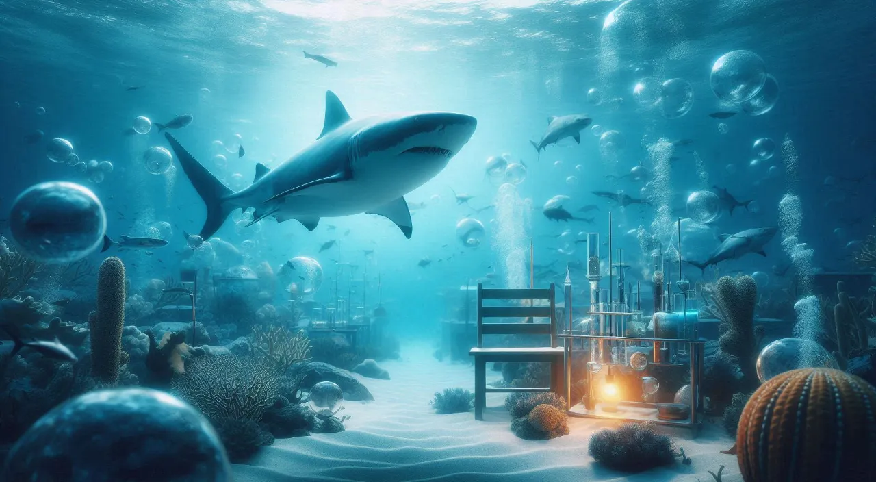 an underwater scene with a research center and a shark