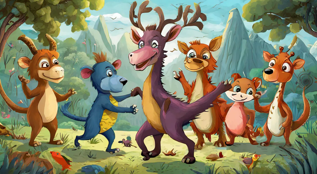 a group of cartoon animals standing in a forest