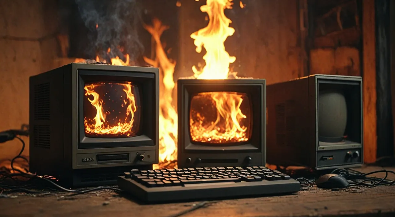 a couple of old computers burning on top of a table