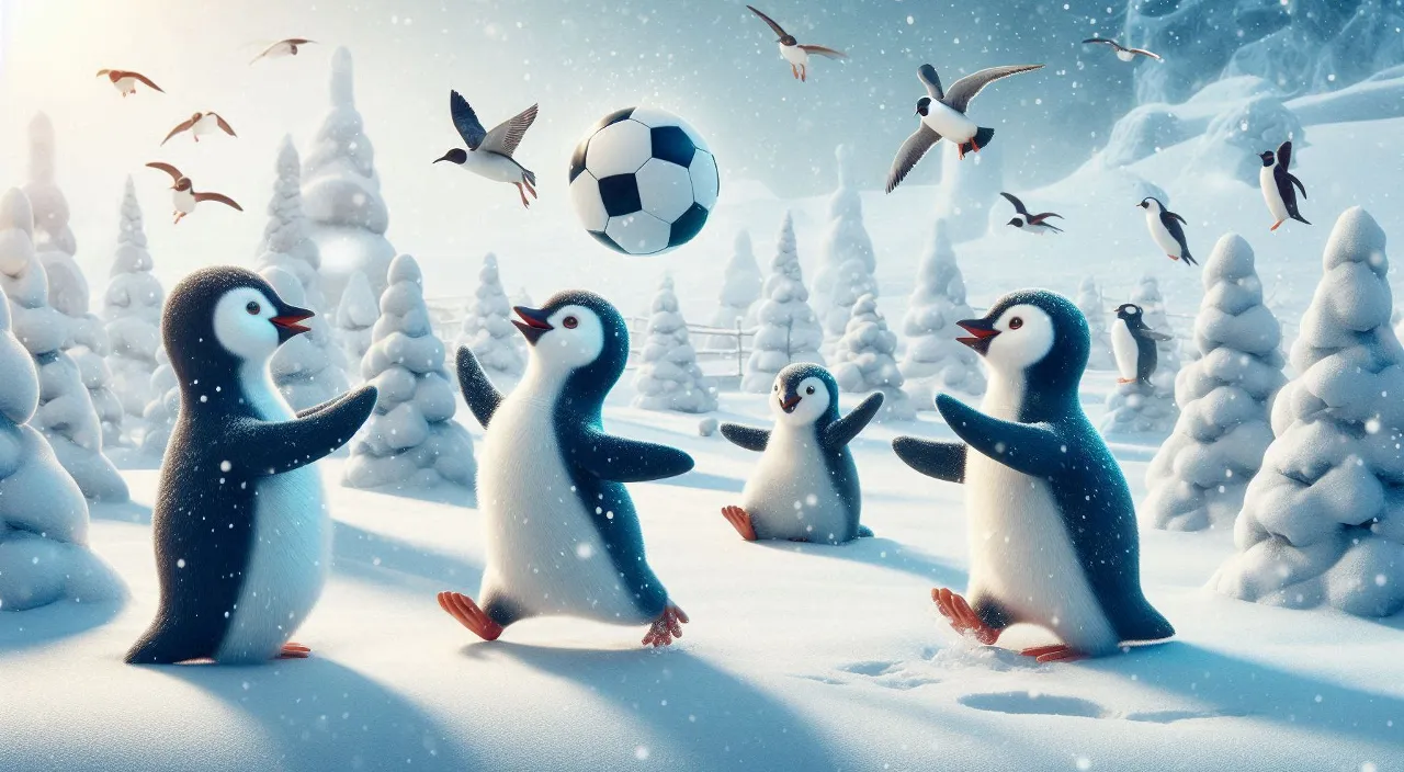 a group of penguins playing with one football in snow 