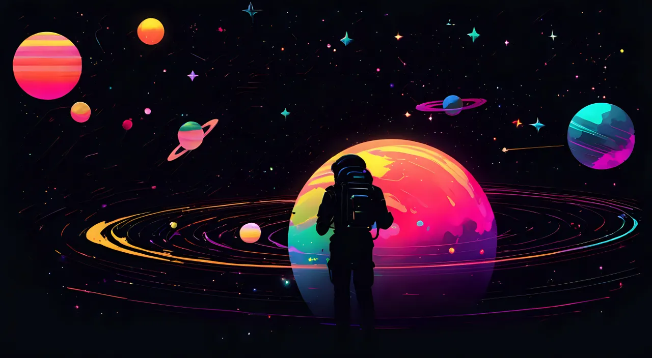 a man standing in front of a space filled with planets